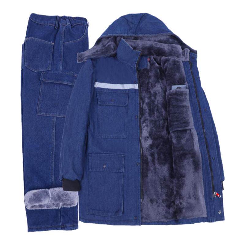 冬季加厚加绒牛仔棉服棉衣工作服套装男电焊工电工防烫劳保棉袄