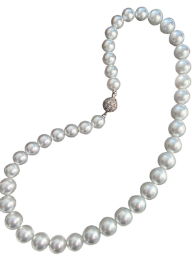 自然伴彩不掉彩！冷青光蓝血澳白珍珠项链微银蓝光人造海水珠打结