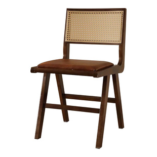 法式中复古实木藤编餐椅家用昌迪加尔靠背椅侘寂风咖啡餐厅软包椅