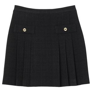 SANDRO秋冬女装法式气质优雅黑色高腰A字百褶金属纽扣短款半身裙