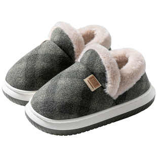 格纹棉鞋女士冬季妈妈室内外穿加绒加厚保暖防滑厚底包跟棉拖鞋男