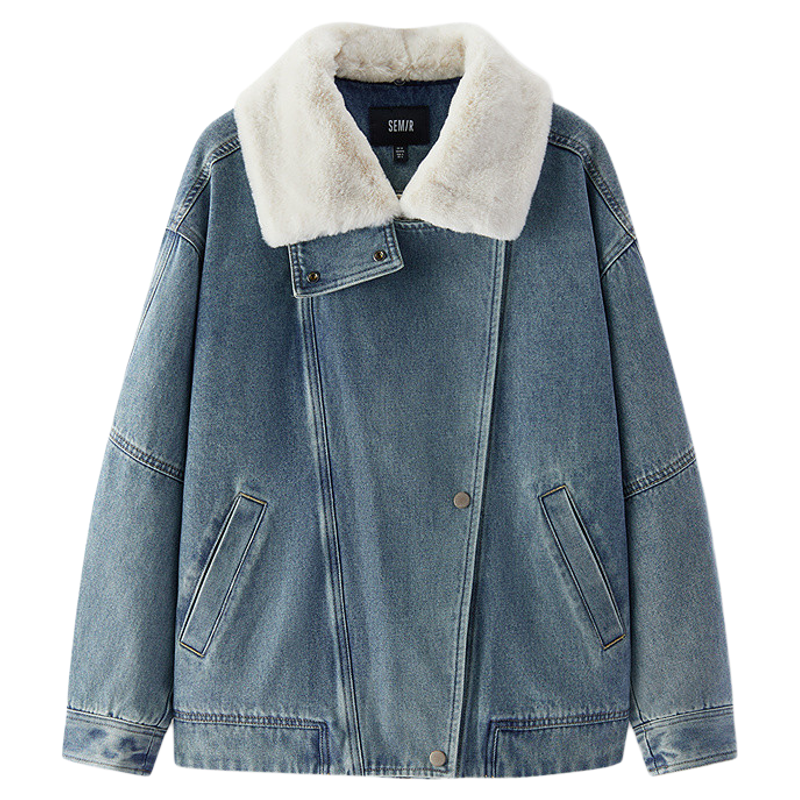 商场同款|森柔森马牛仔外套女冬宽松夹棉可拆卸毛领2025新款夹克
