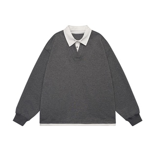 男道春季空气层卫衣男款翻领假两件宽松撞色拼接V领男装长袖上衣