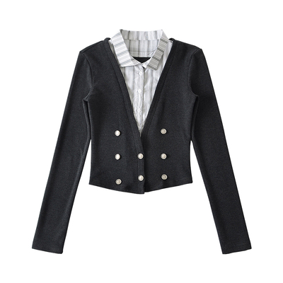 衬衫领拼接假两件长袖针织衫上衣