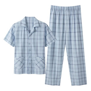 三枪睡衣男薄款宽松大码梭织棉短袖长裤纯棉中年男款家居服套装