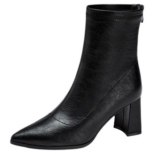 达芙妮尖头高跟短靴女2025新款冬法式切尔西靴黑色瘦瘦靴加绒女鞋