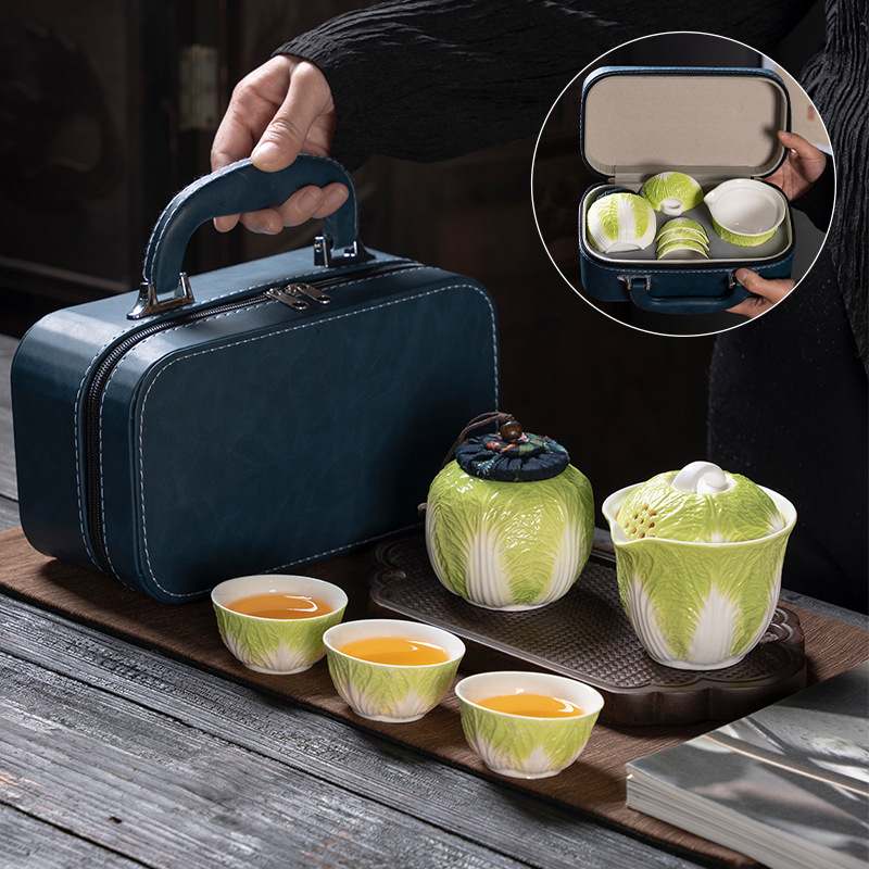 创意白菜百财纳福旅行茶具户外随身创意客杯套装陶瓷便携式快三杯