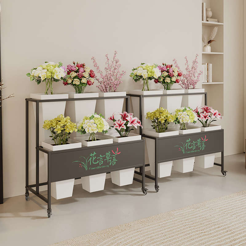 可移动带广告板阶梯多层花店方桶铁艺鲜花架子花店花桶展示架花架