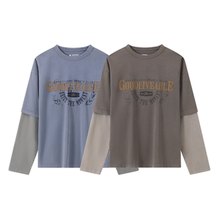 GOODLIVEABLE 255G纯棉炒色假两件长袖t恤男印花秋冬美式休闲上衣
