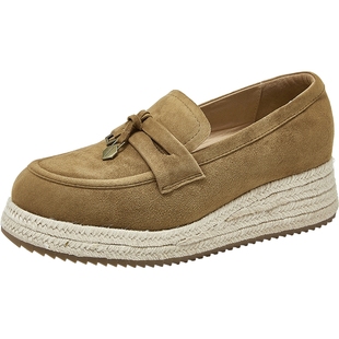 康莉复古流苏乐福鞋女25年秋新款羊皮绒面革松糕厚底一脚蹬渔夫鞋