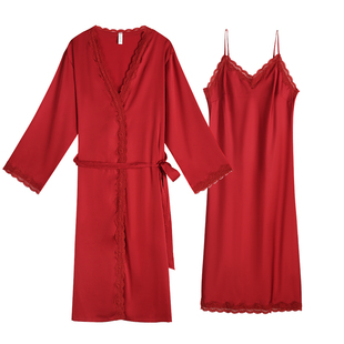轩靓睡衣女夏冰丝绸吊带睡裙睡袍性感两件套结婚新婚春秋红色晨袍