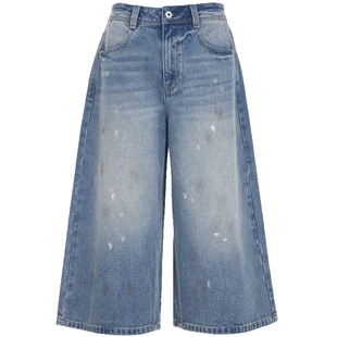 【脏脏裤】ONLY2026春季新款复古磨白做旧泼墨七分阔腿短裤牛仔裤