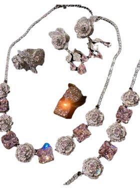 繁花仙女 玫瑰花粉方宝石项链 帕帕拉恰镀18K金 山茶花粉锆石手链