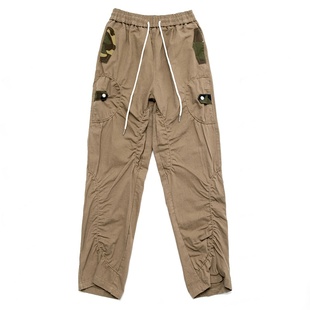 烦恼的Octopusl潮牌美式褶皱长裤迷彩拼接宽松直筒纽扣休闲裤子男