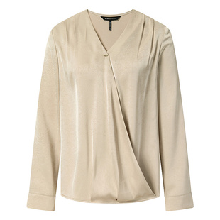 BCBG简约肌理缎面质感交叠领褶皱肩不规则下摆女士V领衬衫上衣