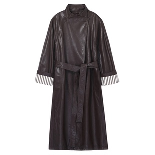 大女主高级长款系带真皮风衣女过膝宽松显瘦半植鞣羊皮立翻领外套