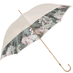 Pasotti意大利手工双层白色水墨花朵印花伞钩形手柄直柄晴雨伞女