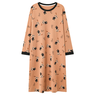 纯棉睡裙女带胸垫秋季中长款长袖圆领套头可外穿休闲加大码连衣裙