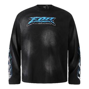 清仓!Far archive春秋水洗黑火焰印花赛车风圆领宽松长袖T恤卫衣