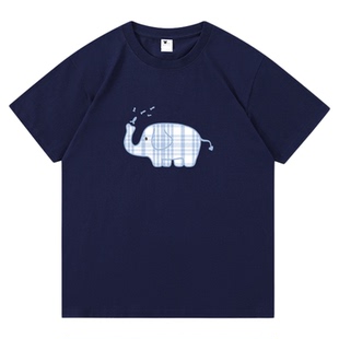 Guozii藏蓝色显白正肩短袖t恤女学院风甜美纯棉重磅休闲体恤上衣