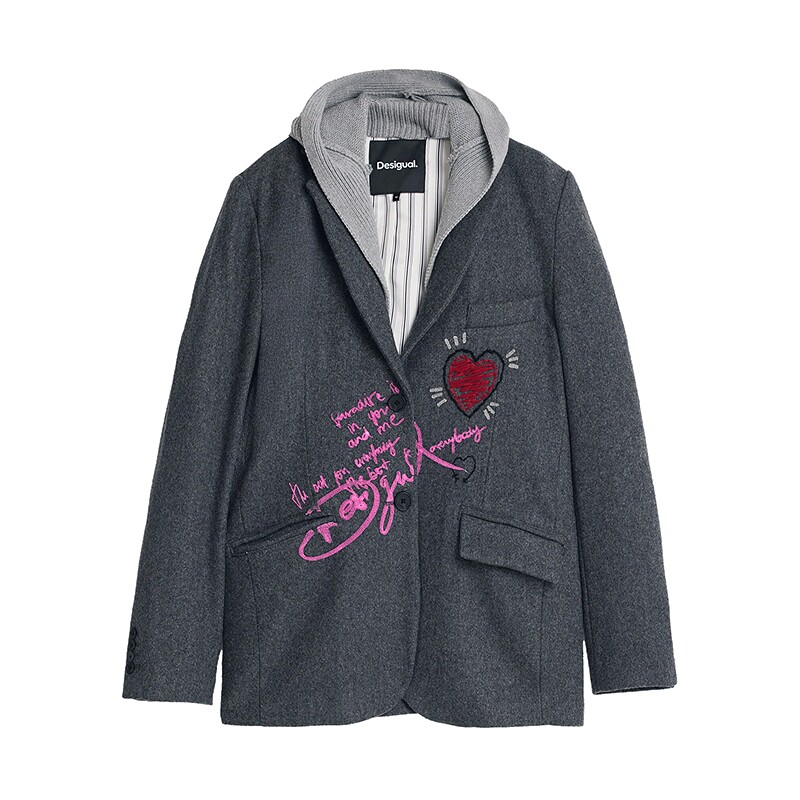 【保暖羊毛混纺】Desigual26春夏灰色slogan绣花针织连帽女式外套
