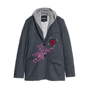 【保暖羊毛混纺】Desigual26春夏灰色slogan绣花针织连帽女式外套