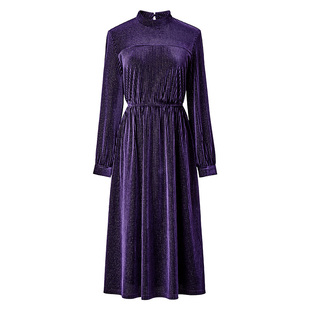 颜域紫色长袖毛绒连衣裙女2025新款冬季轻熟收腰显瘦保暖立领长裙