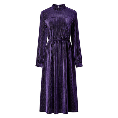 颜域紫色长袖毛绒连衣裙女2025新款冬季轻熟收腰显瘦保暖立领长裙