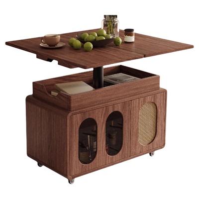 胡桃木可移动升降折叠边几推车柜