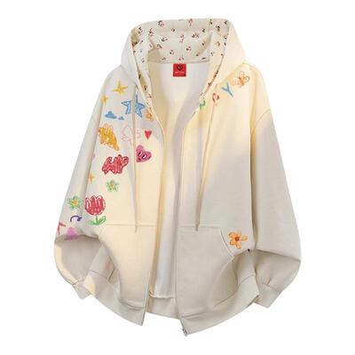 查尔斯桃心卡通涂鸦开衫连帽卫衣
