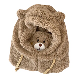 小熊帽子冬天可爱围巾口罩一体护耳帽冬季毛绒围脖连帽女防风保暖