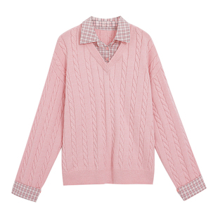 2025秋冬新款高知漂亮毛衣女大码胖mm格子拼接假两件显瘦针织上衣