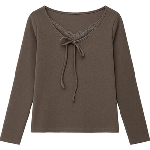 DM100大码百分百女装微胖mm冬季蕾丝拼接收腰修身德绒T恤打底衫