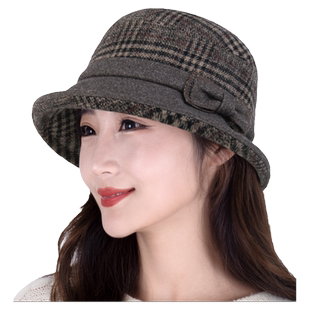 复古卷边加厚秋冬毛呢格纹盆帽女士洋气蝴蝶结渔夫帽中老年妈妈帽