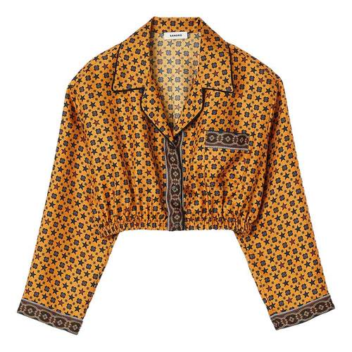 SANDRO Outlets秋冬女装法式休闲星星印花松紧收腰光泽感短款衬衫