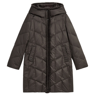 YINER音儿专选2026春季新款中长款奢感缎面水貂毛边连帽羽绒服