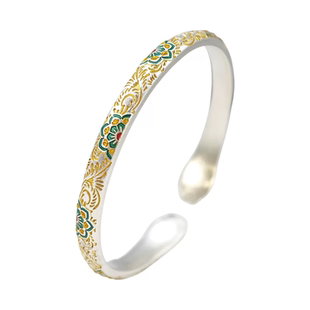 香港正生宝相花猫爪描金实心开口纯银手镯足银9999女简约百搭时尚