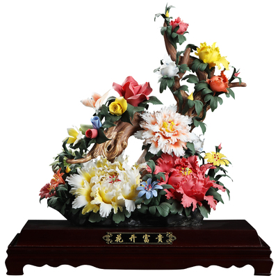 陶瓷花开富贵摆件可定制祝福语