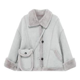 韩系麂皮绒羊羔毛皮毛一体外套女冬季新款小个子立领加厚保暖上衣