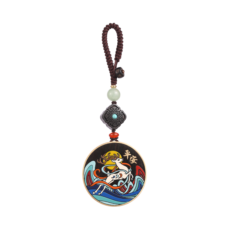 黑檀木汽车钥匙扣挂件一路平安高档手工彩绘吊坠男女士钥匙挂饰链