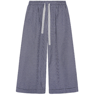 落落狷介 裤子女夏薄款系带格子印花阔腿裤2026年新款松紧腰高腰