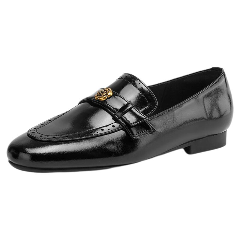 星期六山茶花乐福鞋女2025新款秋冬一脚蹬黑色平底工作鞋单鞋皮鞋