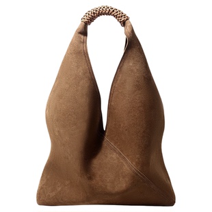 小众V口真皮龙骧包磨砂牛皮大容量腋下水桶包麂皮翻毛皮hobo托特