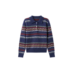 小禾【青鸟】绵羊毛混纺费尔岛民族复古提花POLO翻领套头毛针织衫