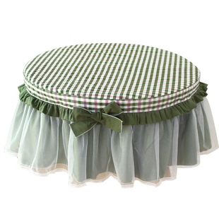 水洗棉蓝色格子小圆桌布圆形家用圆桌布茶几纯棉蕾丝圆床头柜罩
