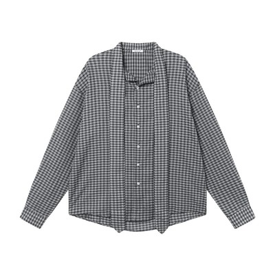 Botanica美式复古黑白格子条纹蝴蝶结长袖衬衫薄款慵懒垂坠感上衣