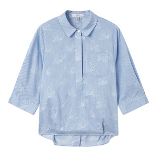 FINITY菲妮迪雪纺衫2026年夏季新款简约蓝色条纹气质翻领上衣女装