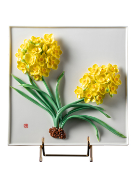 夫己纯手工陶瓷花花世界之正方形瓷板水仙花客厅餐厅玄关摆件