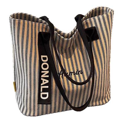 条纹大容量帆布包包女2025新款时尚手提单肩购物袋休闲通勤托特包