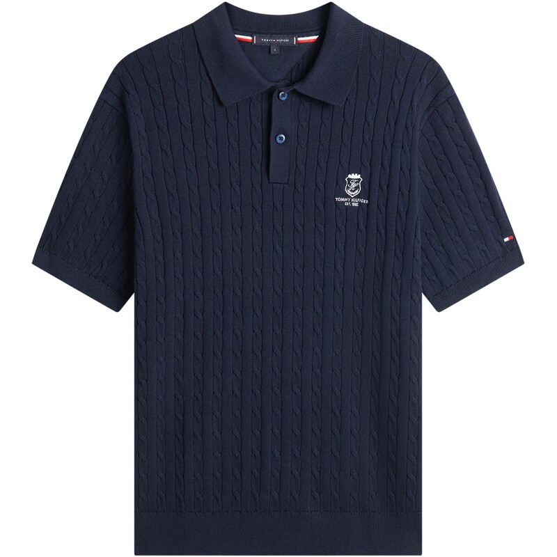 Tommy男装纯棉绞花短袖针织POLO